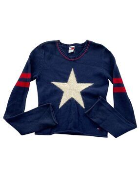Tommy Jeans Womens Sweater Medium Blue Star V-Neck Pullover Knit Cropped Y2K